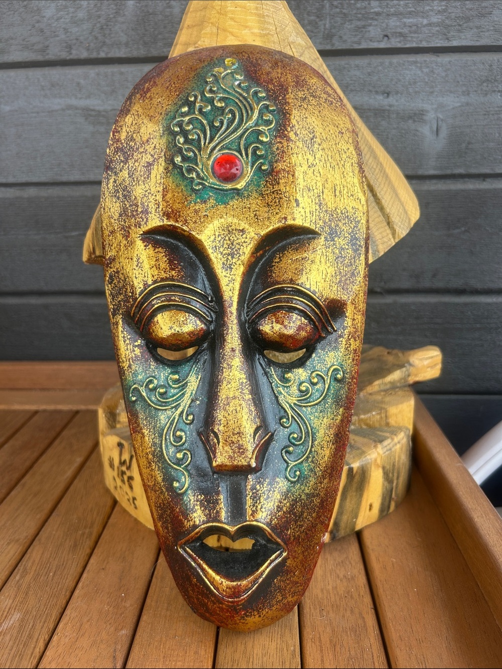 Handcrafted India Decorative Gold & Teal Wood Mask Wall Art